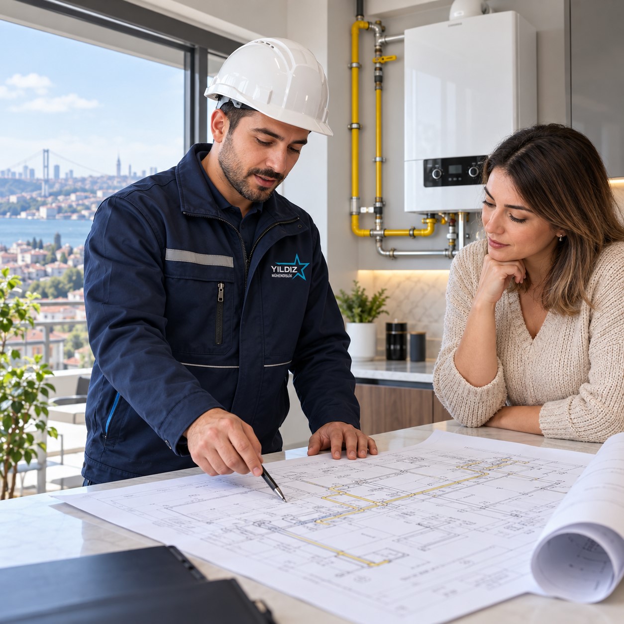 Yıldız Mühendislik mühendisi müşteriyle doğalgaz projesini değerlendirirken
